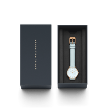 Load image into Gallery viewer, Daniel Wellington Petite 28 Blue Leather &amp; Rose Gold Mother of Pearl Watch